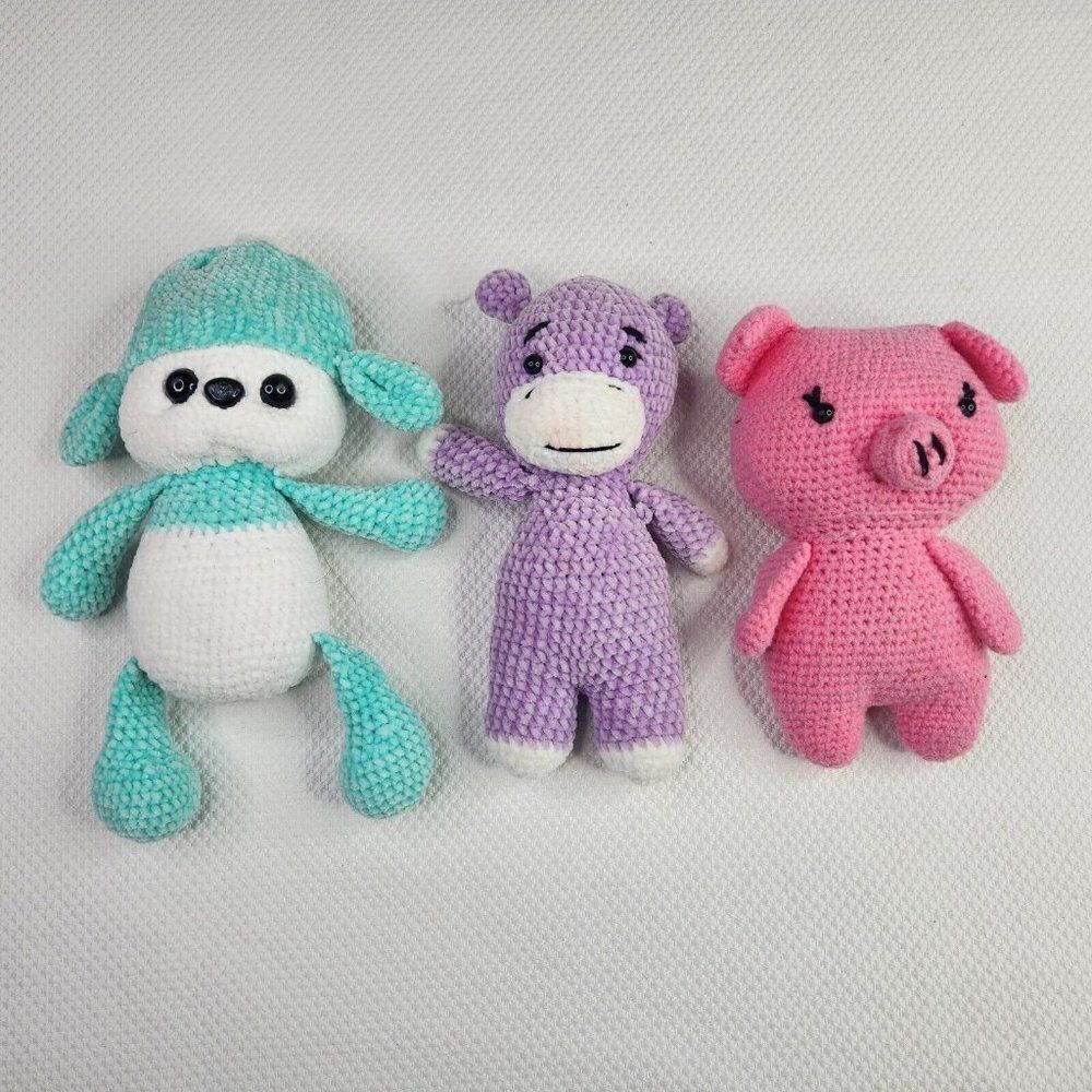 Amigurumi Stuffed Toy Crochet Handmade Lot 3 Pink Pig Purple Hippo White Bear